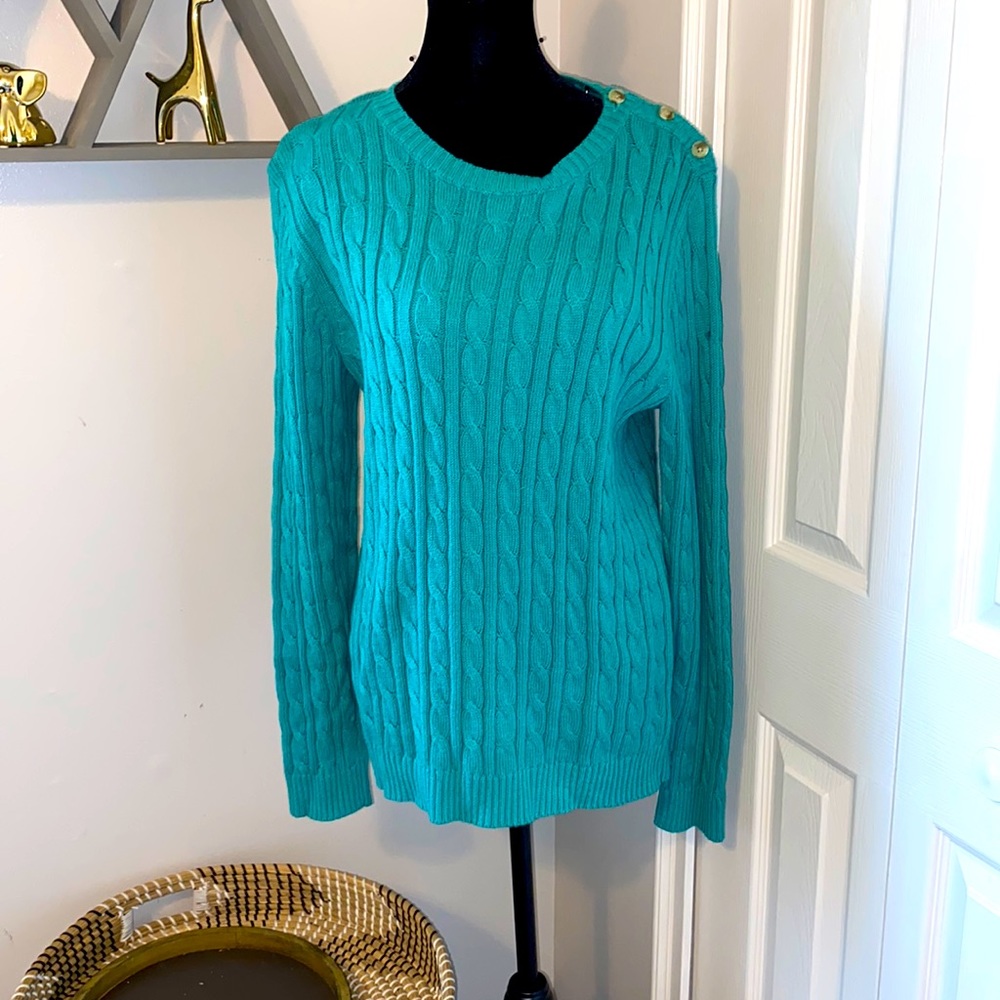 Ladies Green cotton sweater with buttons on shoulder, Size Large in EUC
